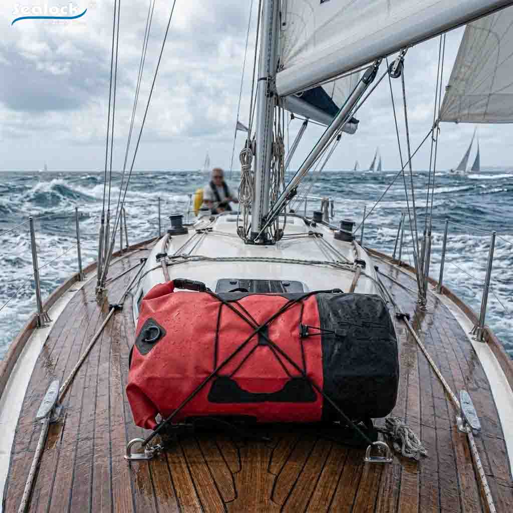 Sealock waterproof dry bag for sailing secured on a sailboat deck in saltwater spray Sealock waterproof dry bag for sailing secured on a sailboat deck in saltwater spray