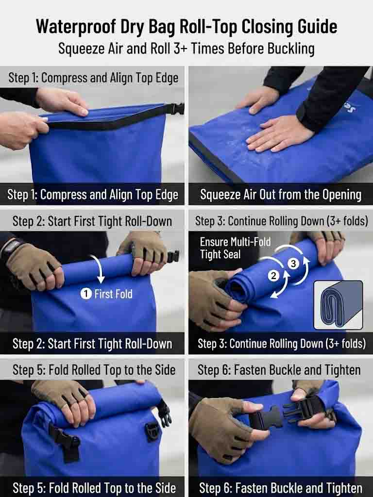 Correct roll-top dry bag closing sequence — fill to three quarters, burp air, align strips, fold three to four times, buckle