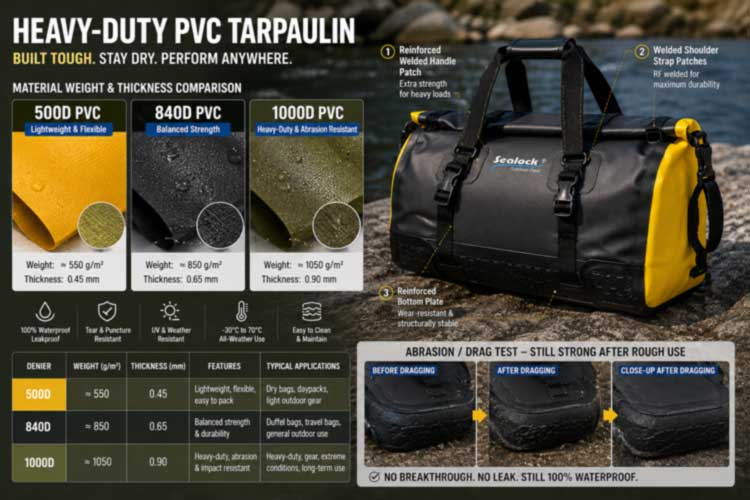 Heavy duty dry bag specification comparison — 500D, 840D and 1000D tarpaulin, reinforced base panel and welded strap patches